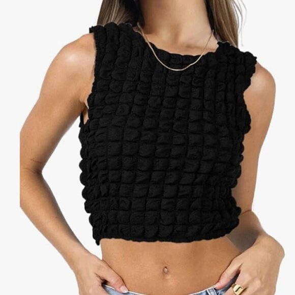 chrii Tops - NWT Chrii Black Popcorn Cropped Tank Going Out Stretchy Textured Top Size XL
